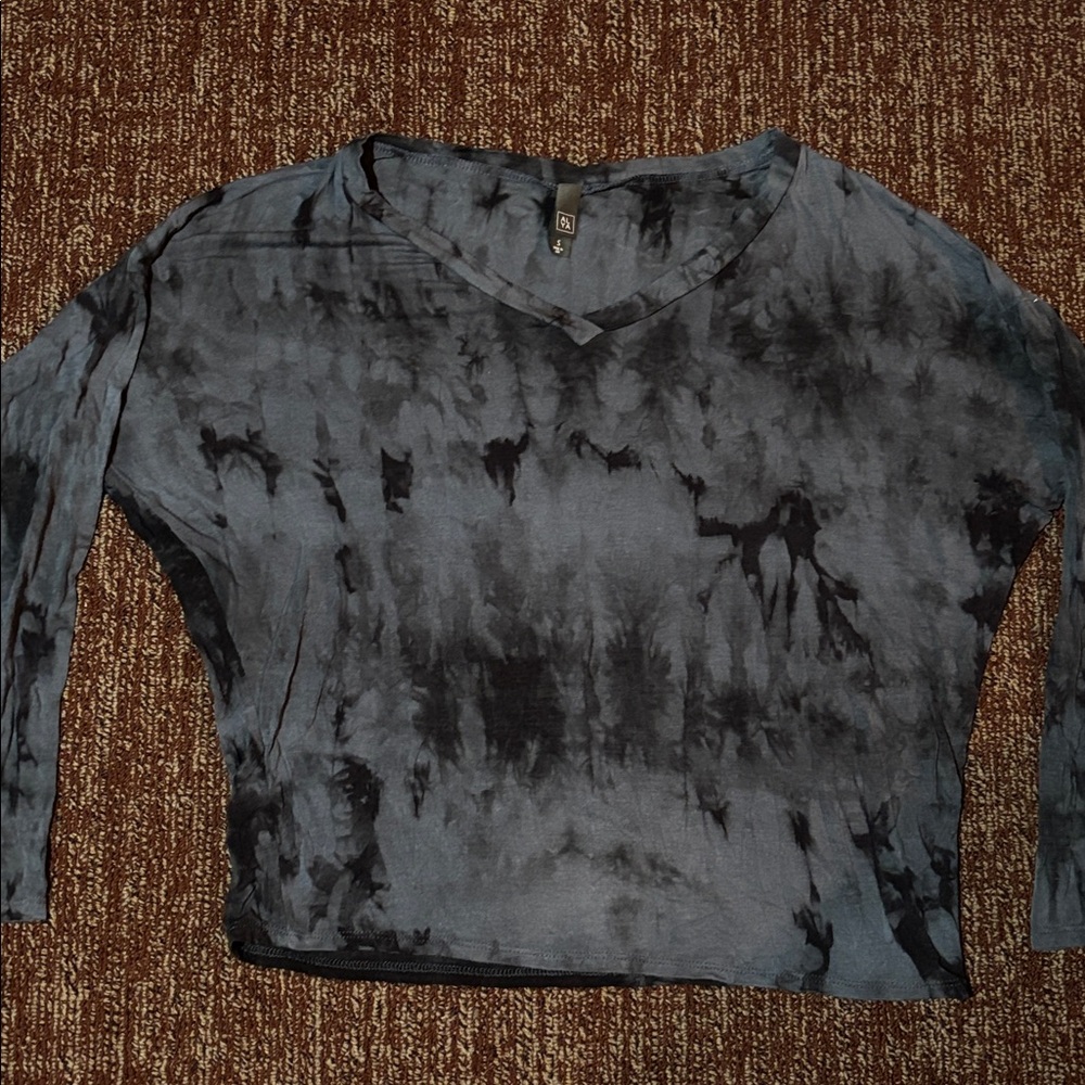 navy blue tie dye stretch long sleeve v neck shirt stretch top bat wing sleeve
